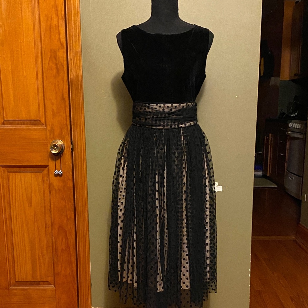 Black Velvet and Tulle Polka Dot Dress(Pockets)